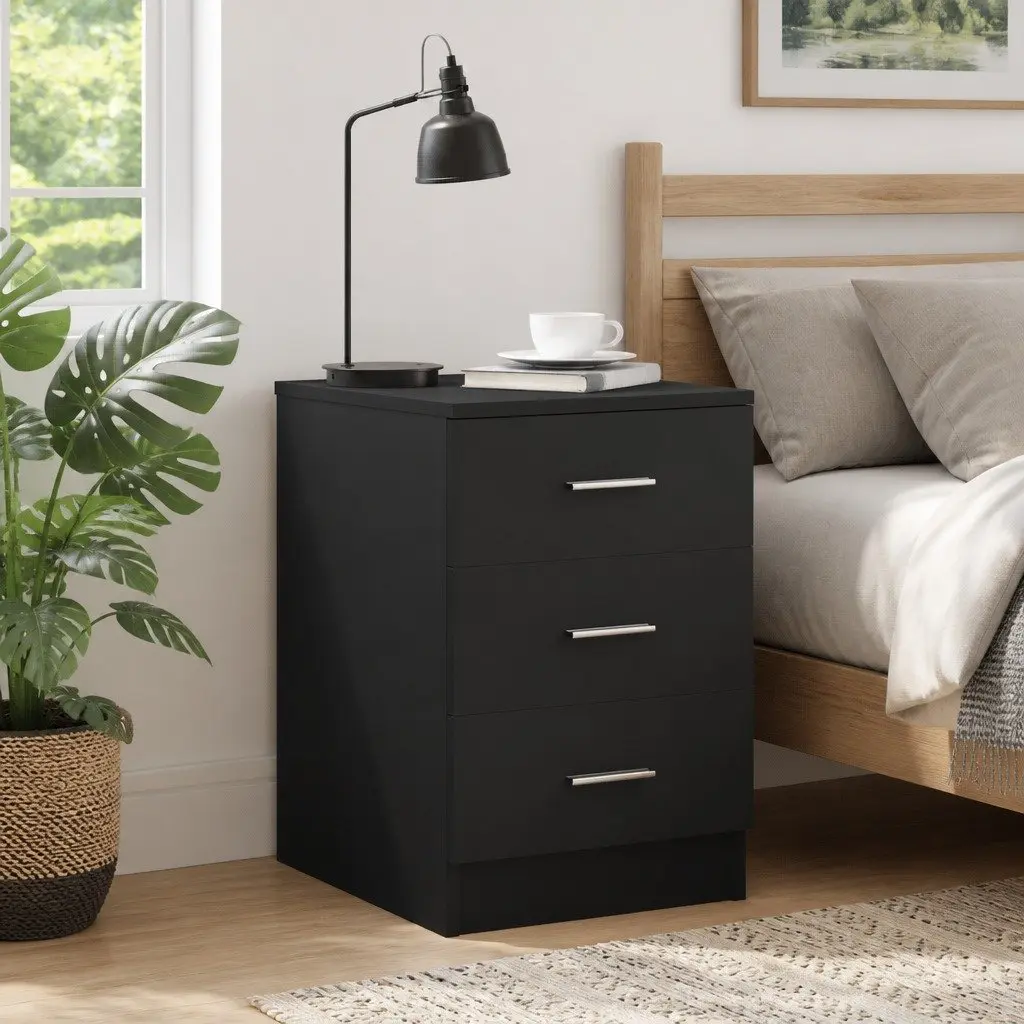 Bedside Cabinet Engineered Wood 38 x 35 x 56 cm Black Nightstand 3 Drawers Storage Chest