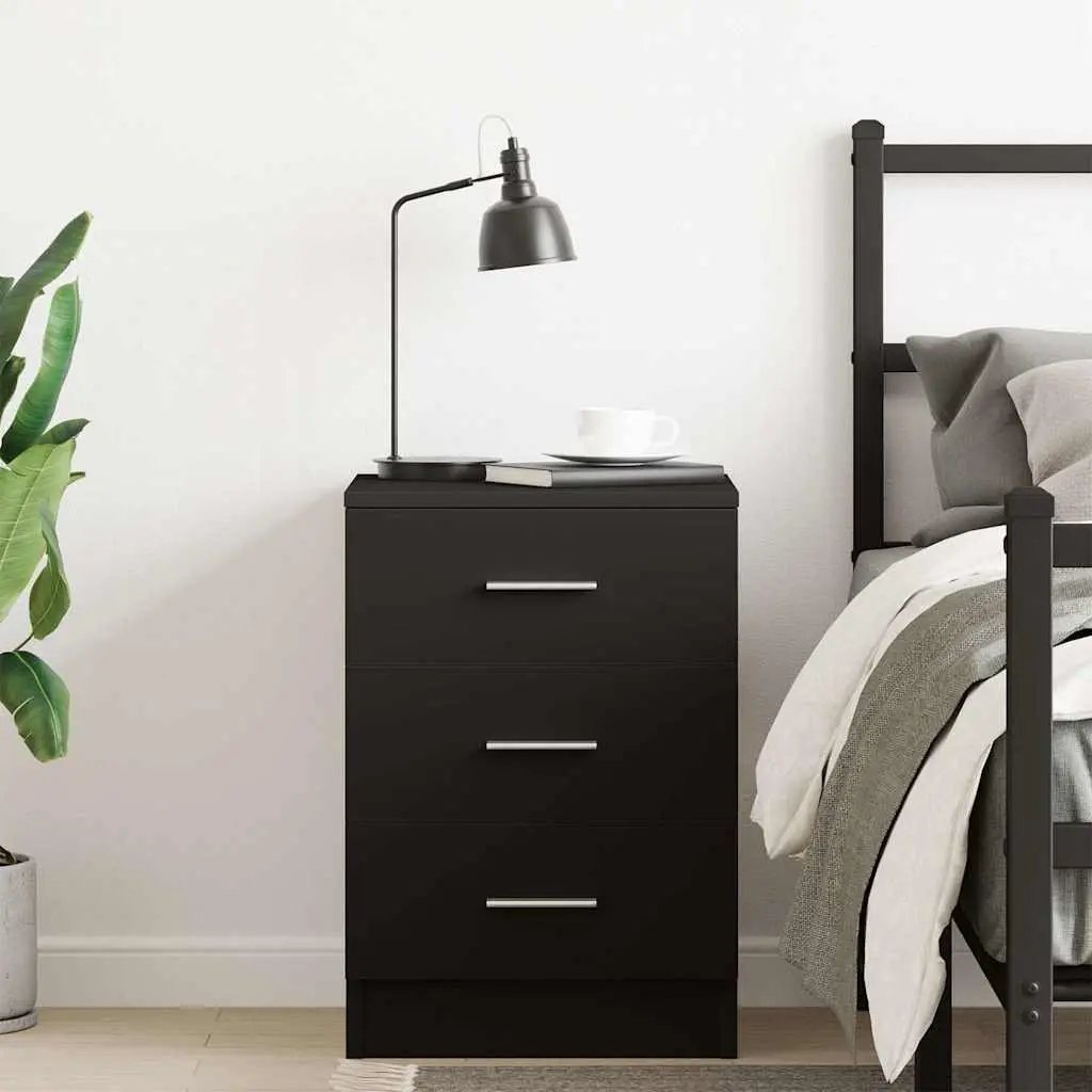 Bedside Cabinet Engineered Wood 38 x 35 x 56 cm Black Nightstand 3 Drawers Storage Chest