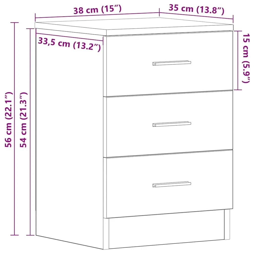 Bedside Cabinet Engineered Wood 38 x 35 x 56 cm Black Nightstand 3 Drawers Storage Chest