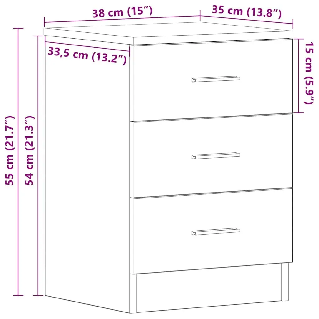 Bedside Cabinet Engineered Wood 38 x 35 x 56 cm Concrete Grey 3 Drawers