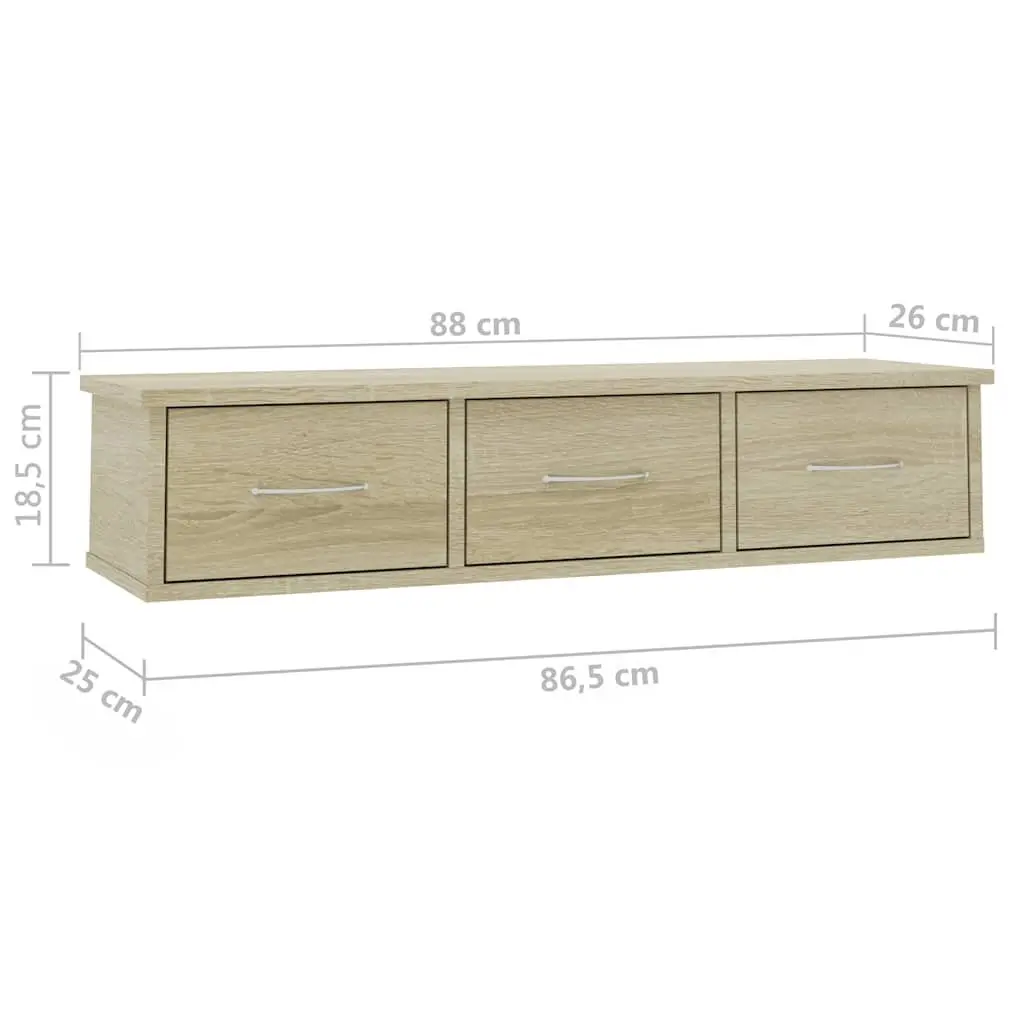 Wall-mounted Floating Storage Shelf Brown Engineered Wood with 3 Drawers 88x26x18.5cm