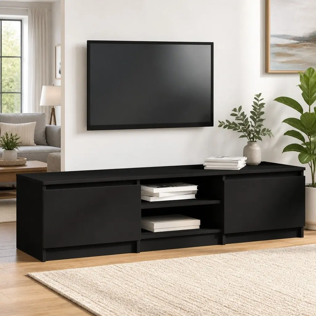TV Cabinet Black 140x40x35.5 cm with 2 Doors 2 Open Compartments Storage Unit
