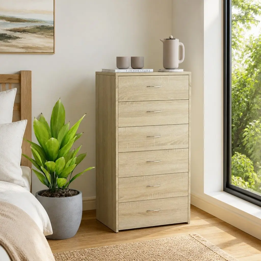 Brown Storage Cabinet Sideboard with 6 Drawers Engineered Wood 50x34x96cm for Living Room Bedroom Furniture