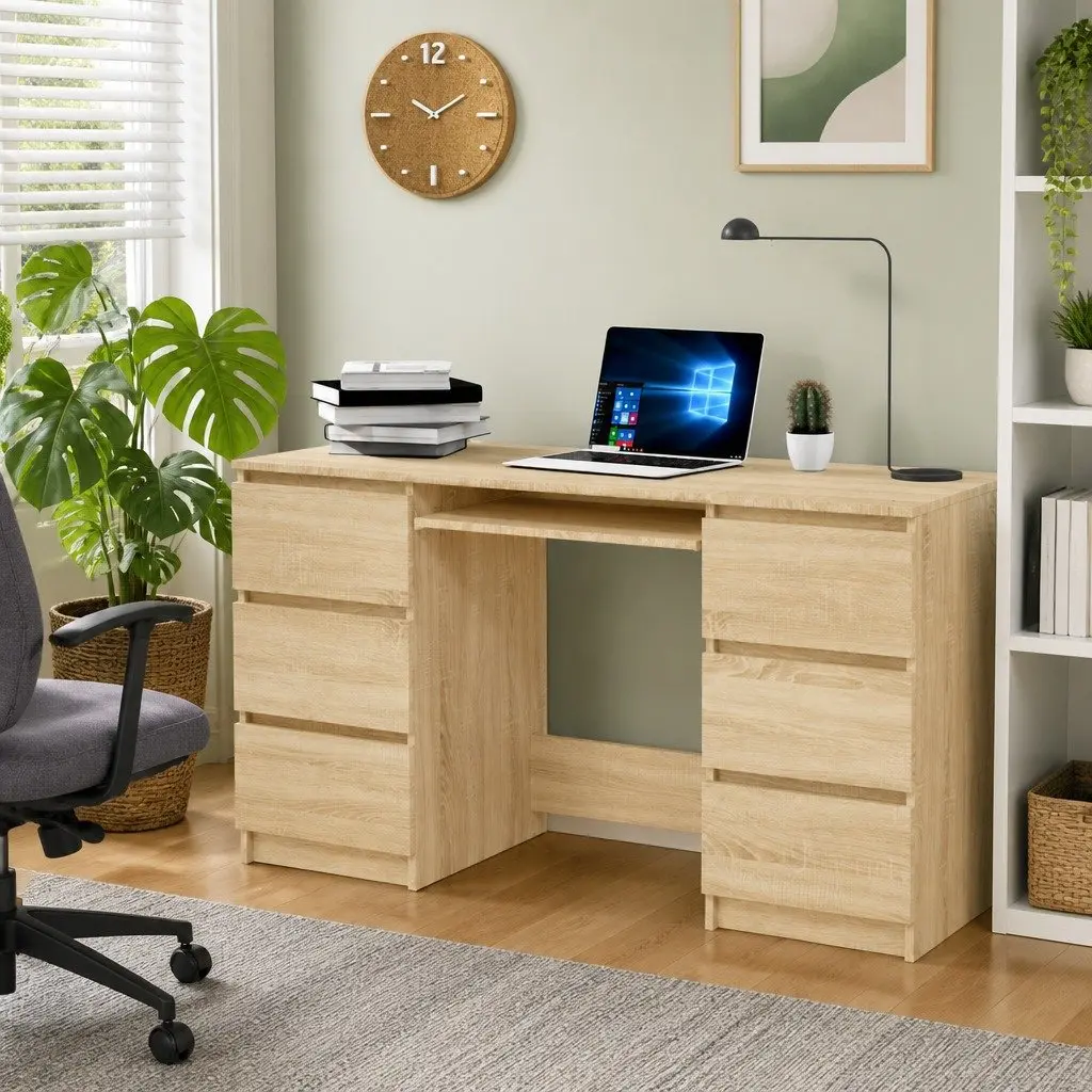 Writing Desk Engineered Wood 140 x 50 x 77 cm Brown 6 Drawers Office Workstation Study Table