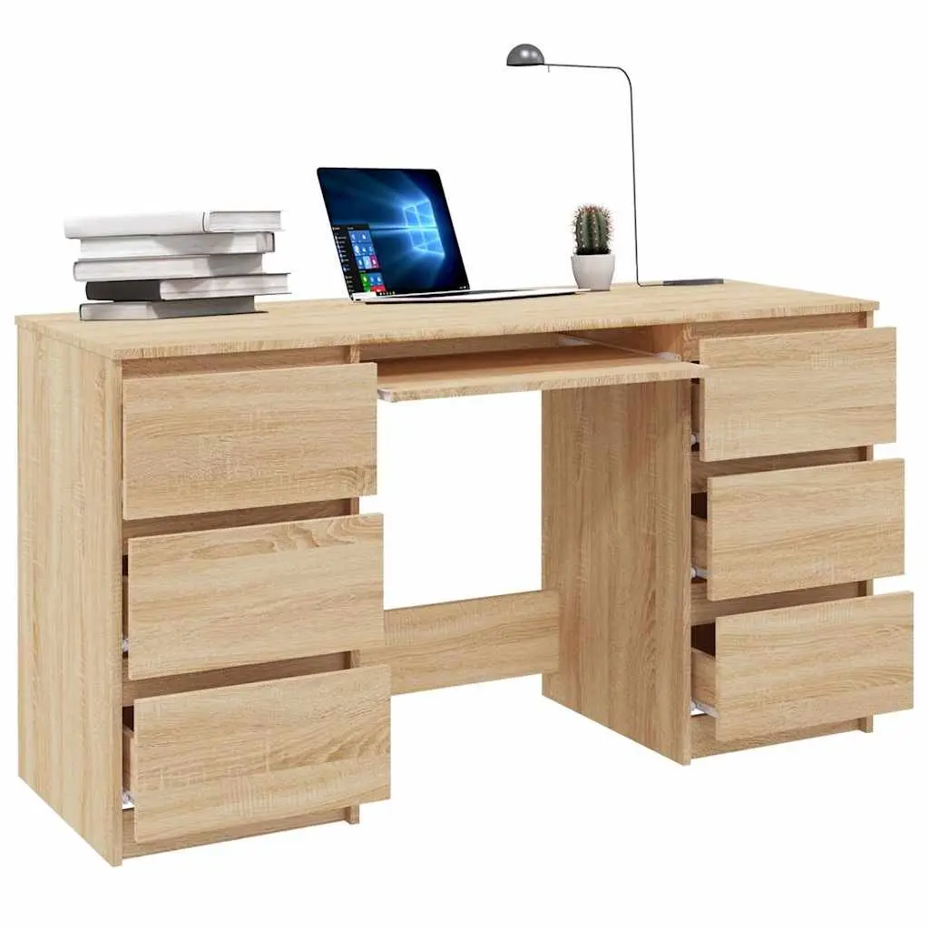 Writing Desk Engineered Wood 140 x 50 x 77 cm Brown 6 Drawers Office Workstation Study Table