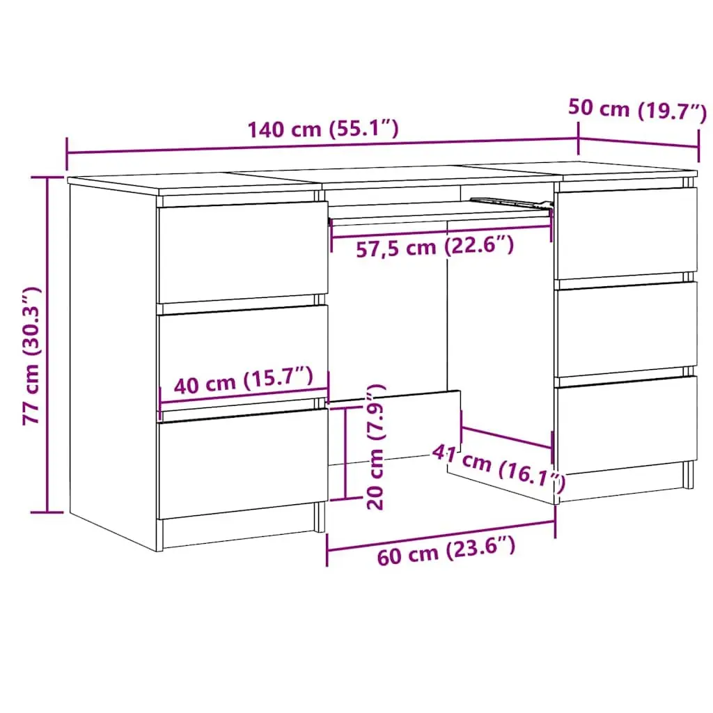Writing Desk Engineered Wood 140 x 50 x 77 cm Brown 6 Drawers Office Workstation Study Table