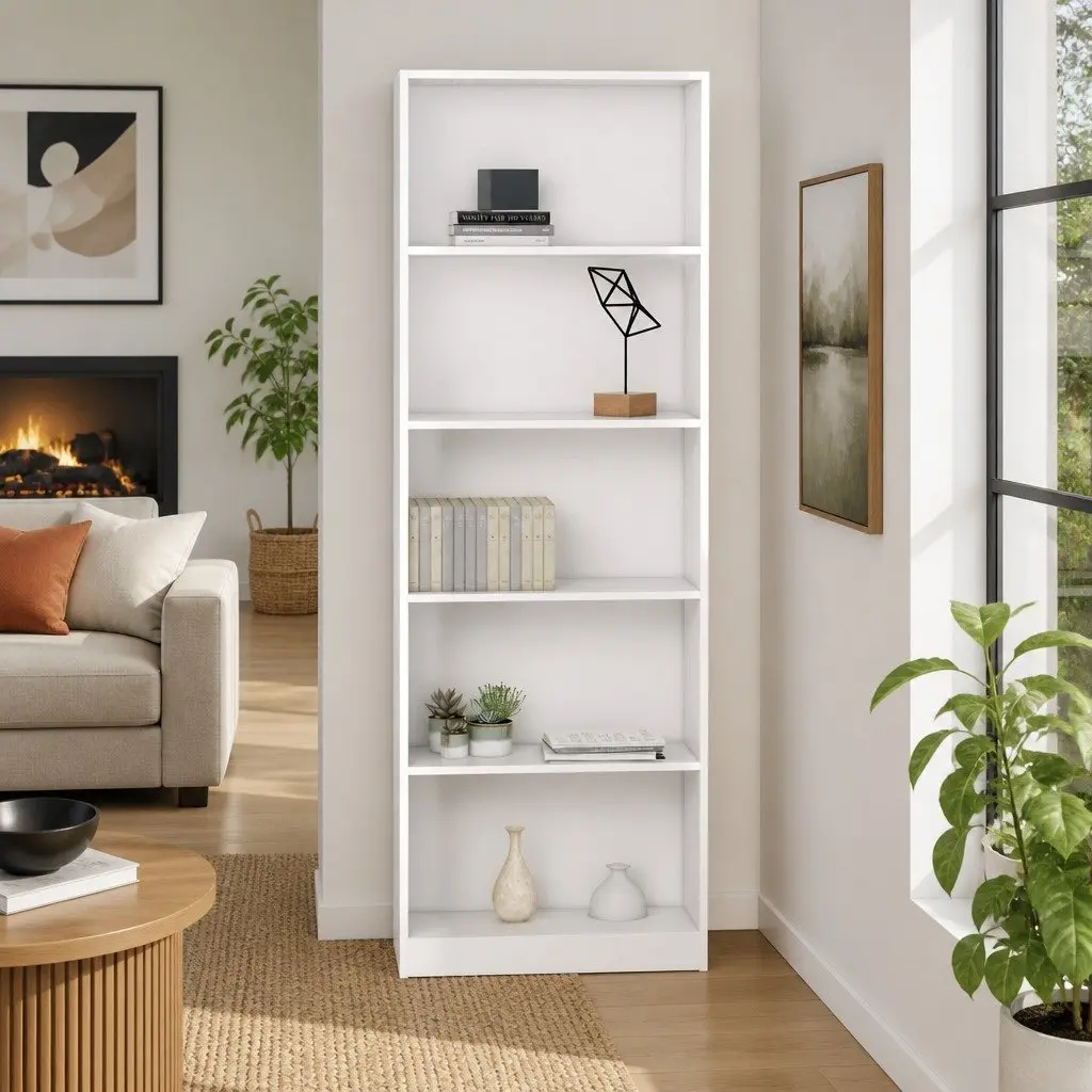 5-Tier Book Cabinet White Engineered Wood Shelving Unit Storage Display Shelf