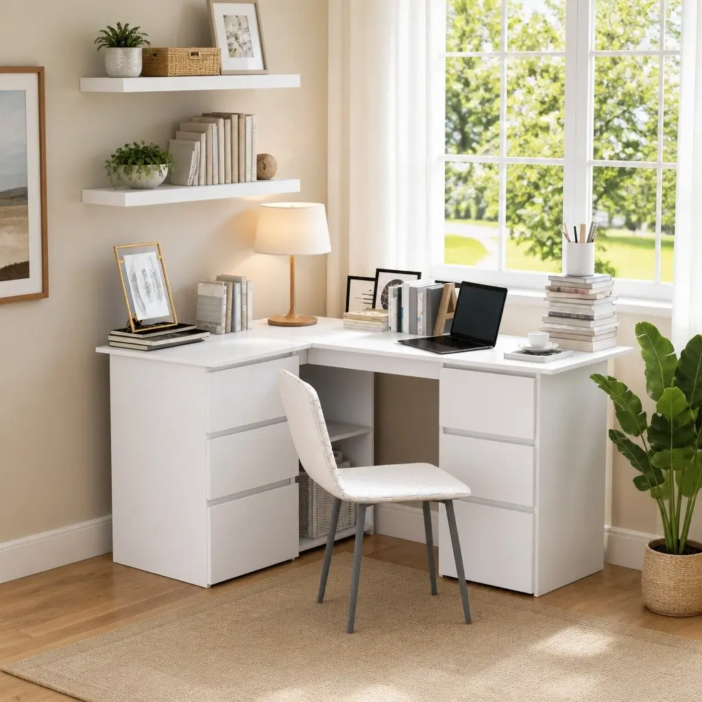White Corner Desk Engineered Wood Workstation 145cm with 4 Storage Drawers and 2 Shelves for Home Office