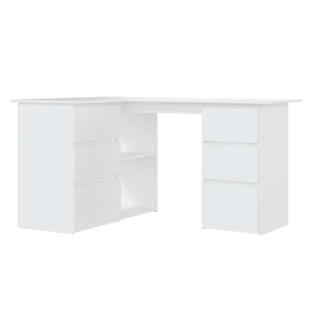 White Corner Desk Engineered Wood Workstation 145cm with 4 Storage Drawers and 2 Shelves for Home Office