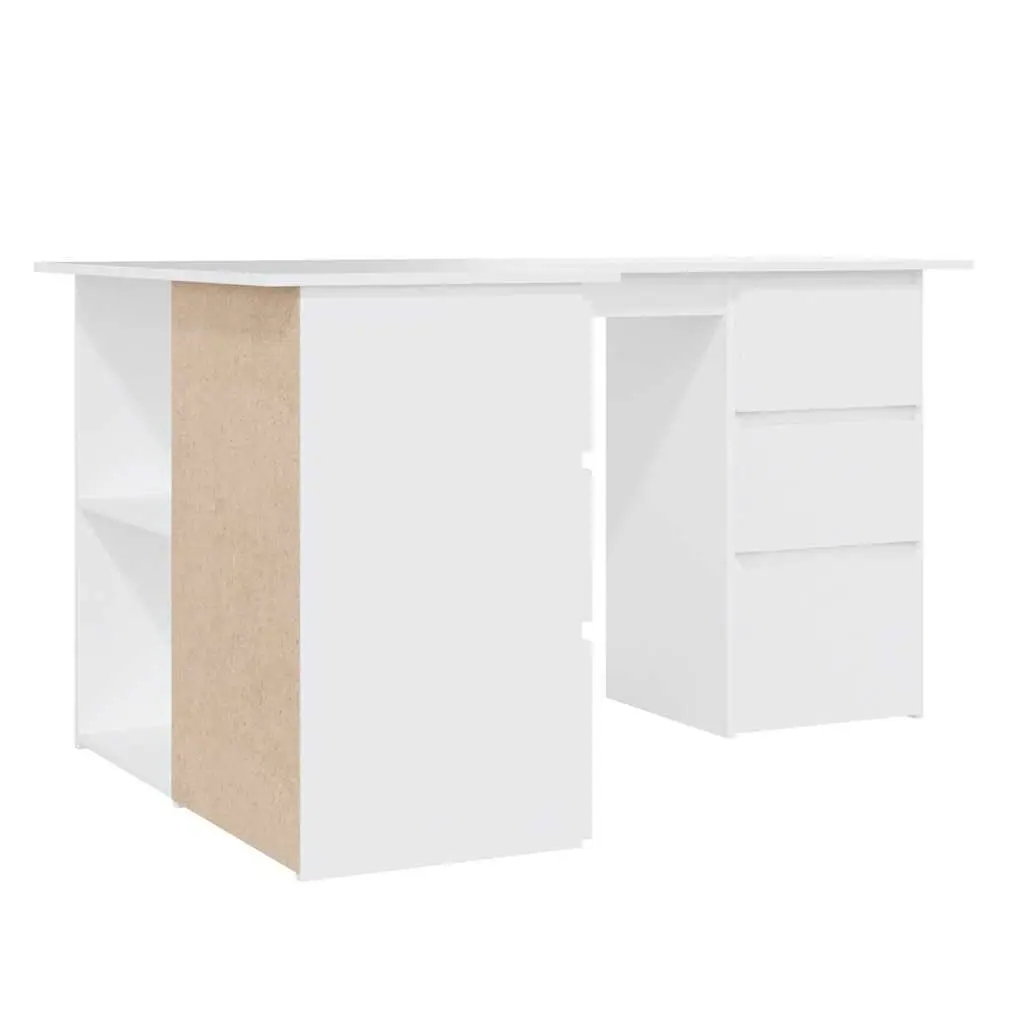 White Corner Desk Engineered Wood Workstation 145cm with 4 Storage Drawers and 2 Shelves for Home Office