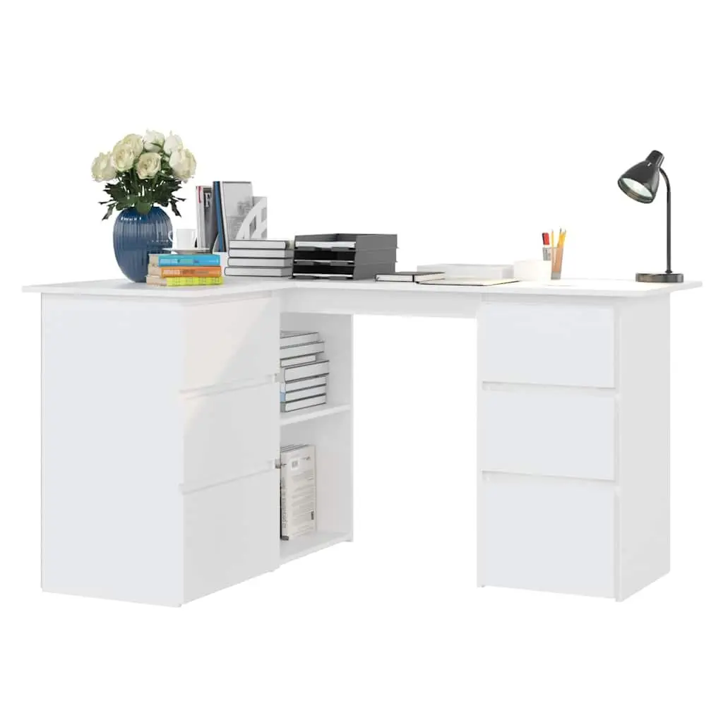 White Corner Desk Engineered Wood Workstation 145cm with 4 Storage Drawers and 2 Shelves for Home Office
