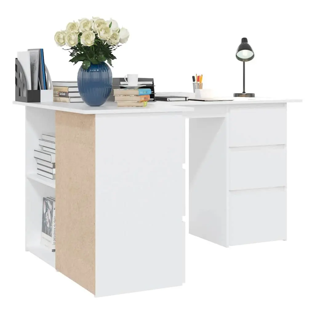 White Corner Desk Engineered Wood Workstation 145cm with 4 Storage Drawers and 2 Shelves for Home Office