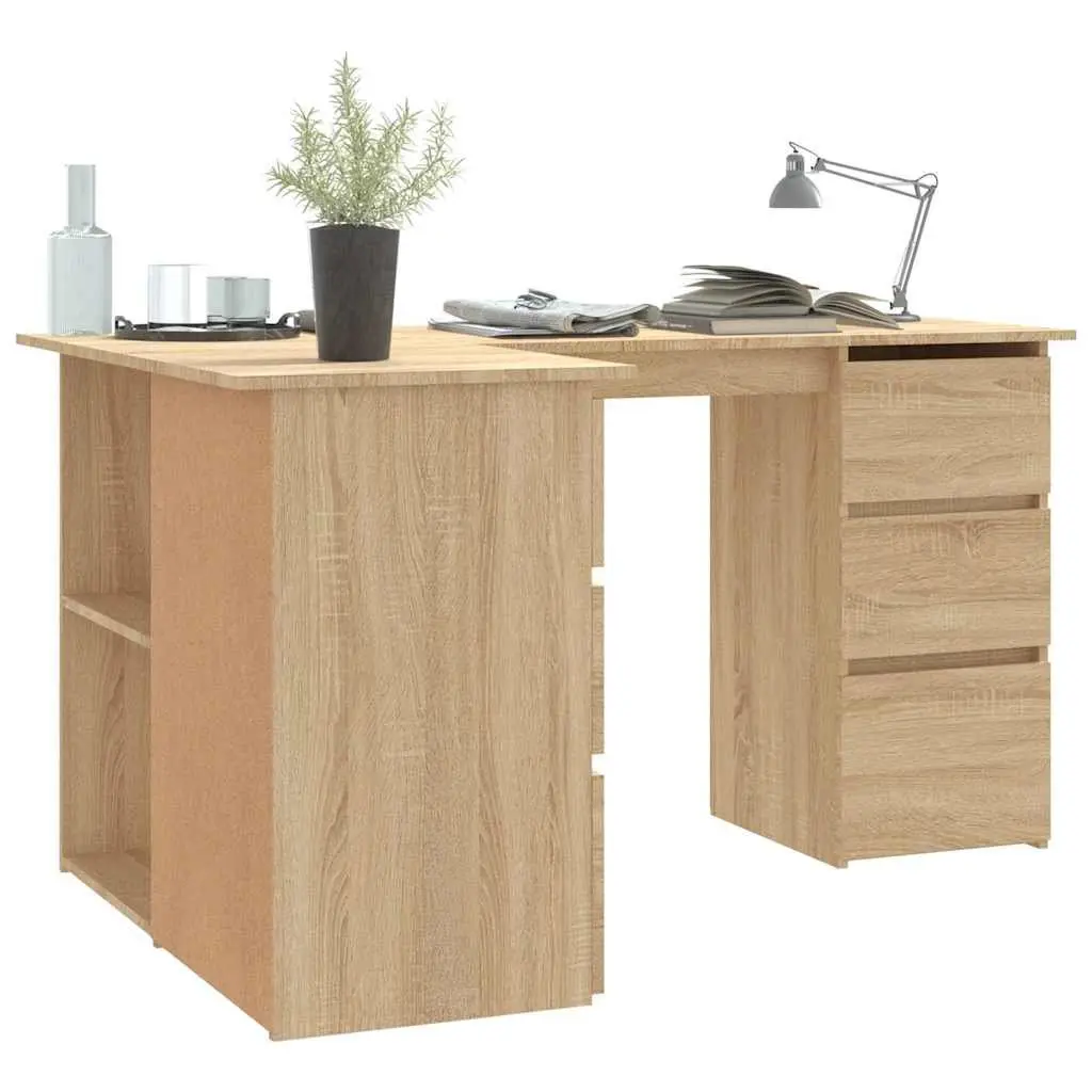 Brown Engineered Wood Corner Desk with Storage Drawers and Shelves Compact Office Workstation 145 x 100 x 76 cm