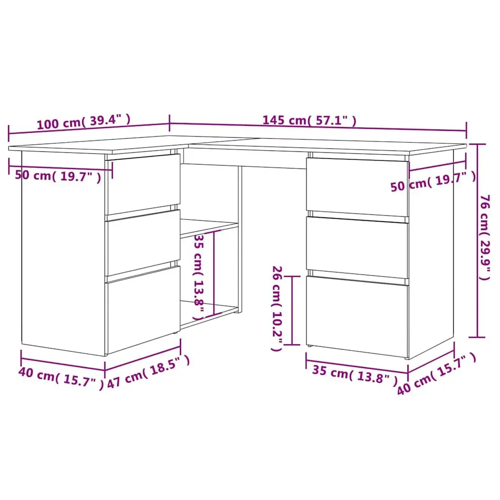 Brown Engineered Wood Corner Desk with Storage Drawers and Shelves Compact Office Workstation 145 x 100 x 76 cm