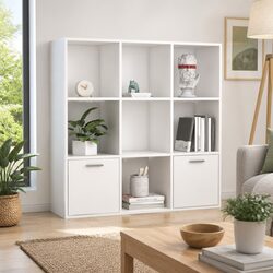 Functional White Book Cabinet with Open and Concealed Storage