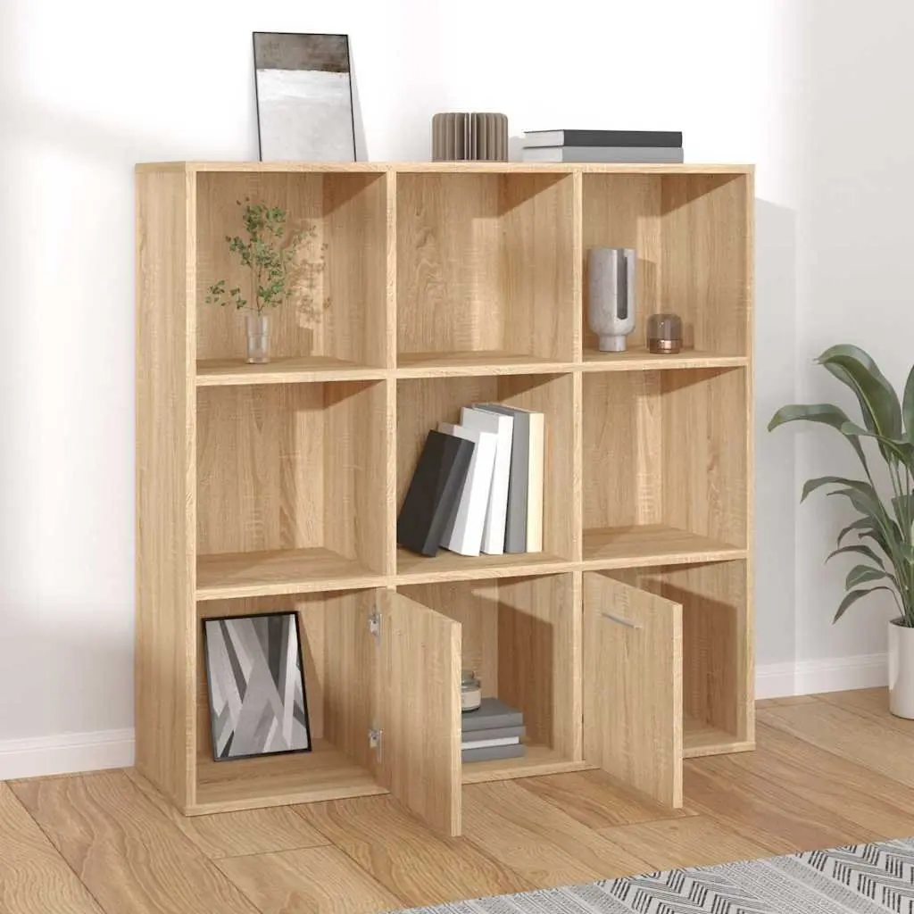 Book Cabinet Engineered Wood 98W x 30D x 98H cm Brown 7 Cubes 2 Doors Storage Shelving Unit