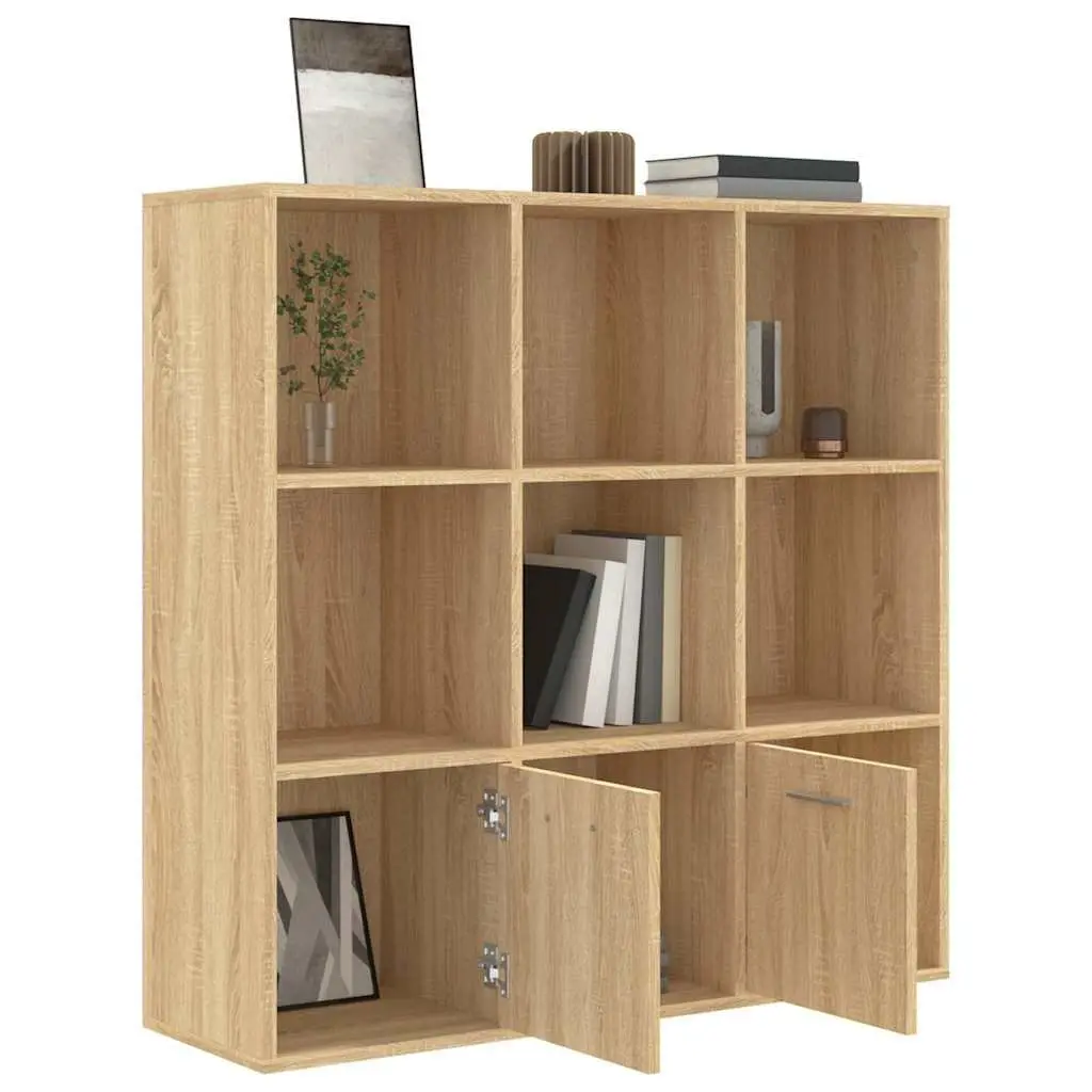 Book Cabinet Engineered Wood 98W x 30D x 98H cm Brown 7 Cubes 2 Doors Storage Shelving Unit