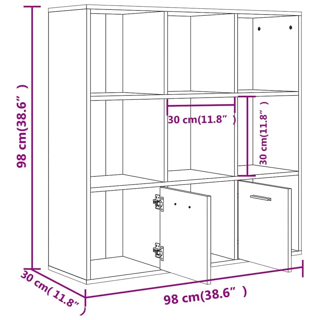 Book Cabinet Engineered Wood 98W x 30D x 98H cm Brown 7 Cubes 2 Doors Storage Shelving Unit