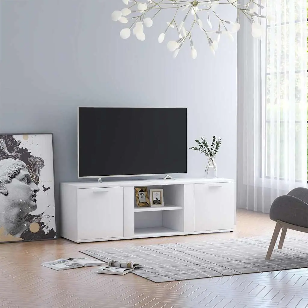 TV Cabinet White 120x34x37 cm with 2 Doors 2 Open Compartments Storage Unit