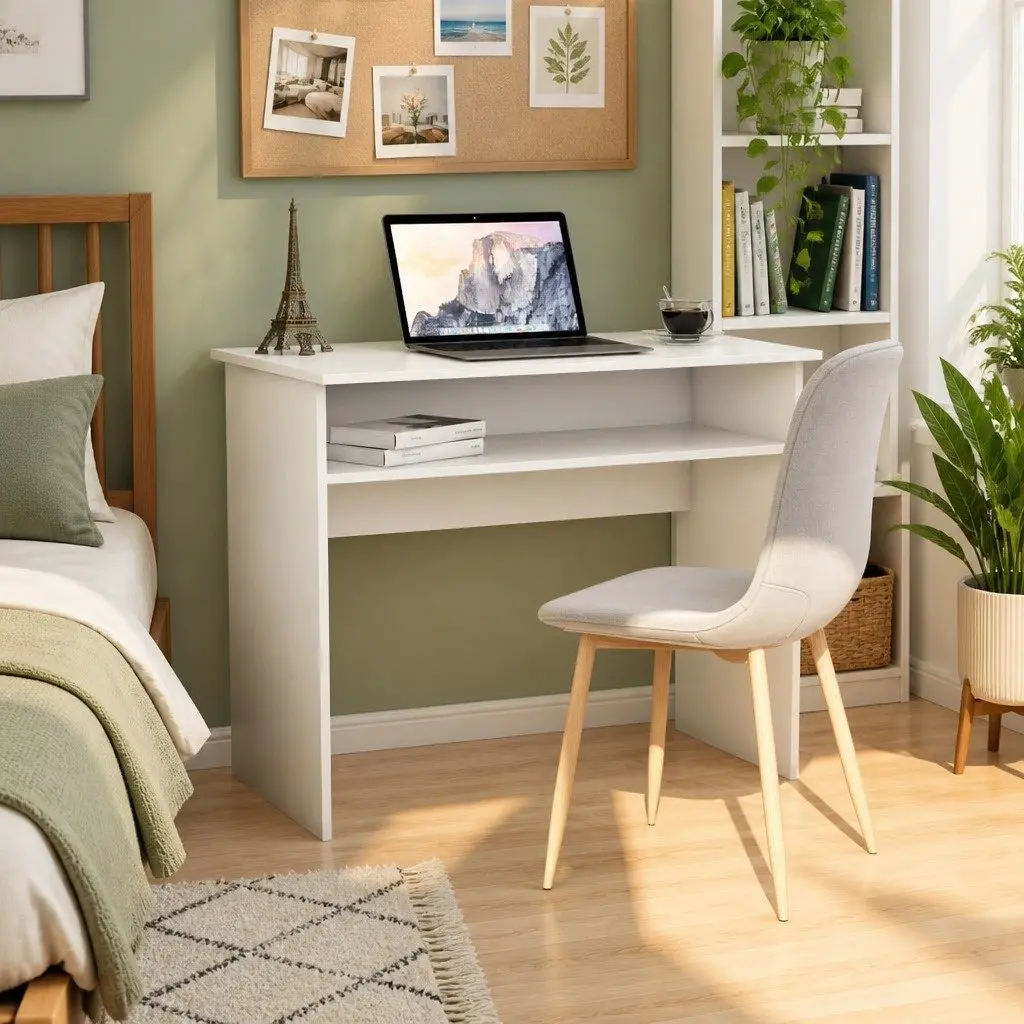 White Desk 90cm Compact Computer Office Workstation Storage Shelf Study Room