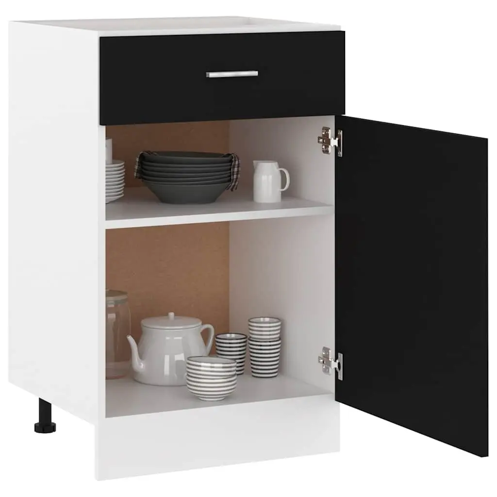 Black Engineered Wood Kitchen Storage Cabinet with Drawer and Two Shelves 50 x 46 x 81.5 cm
