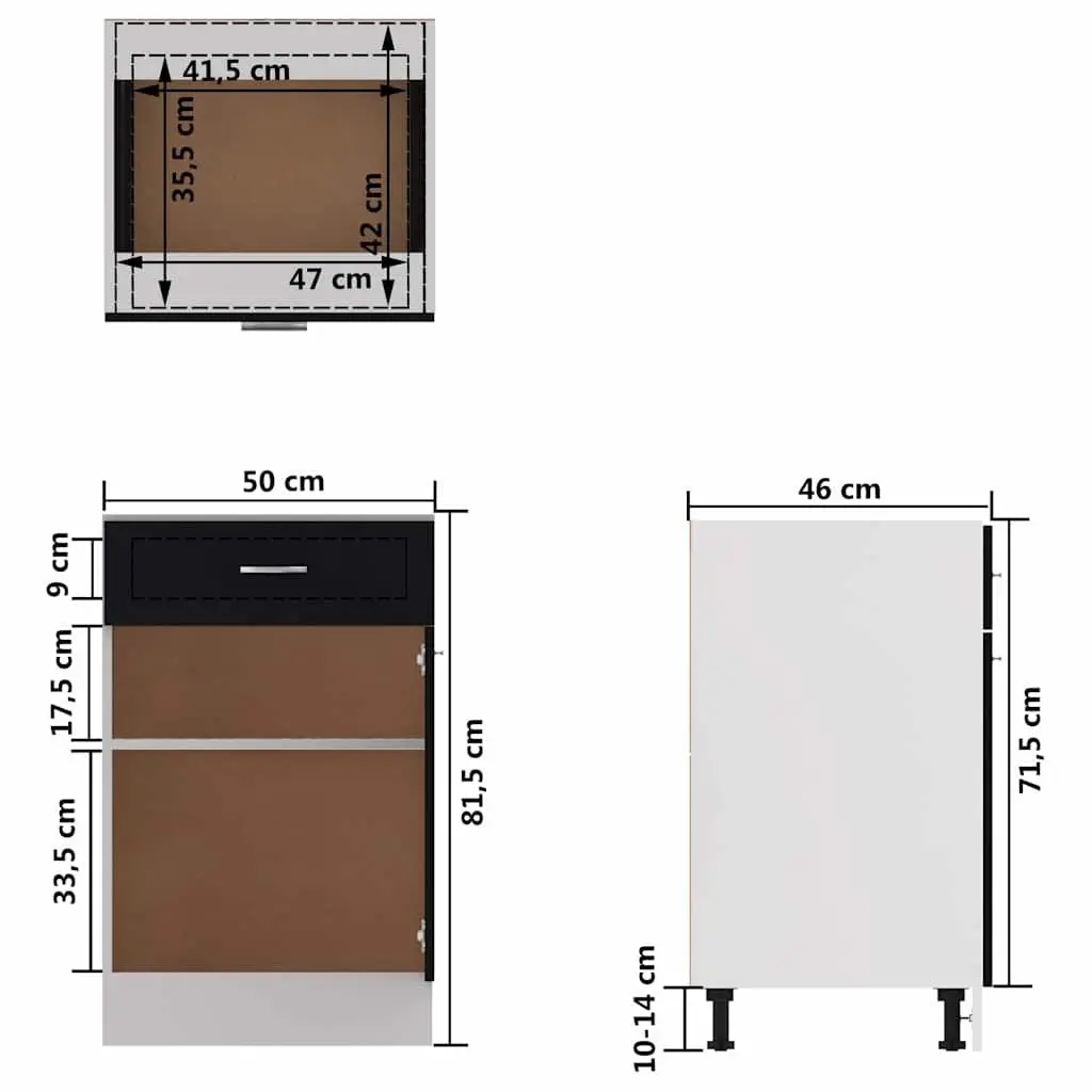 Black Engineered Wood Kitchen Storage Cabinet with Drawer and Two Shelves 50 x 46 x 81.5 cm