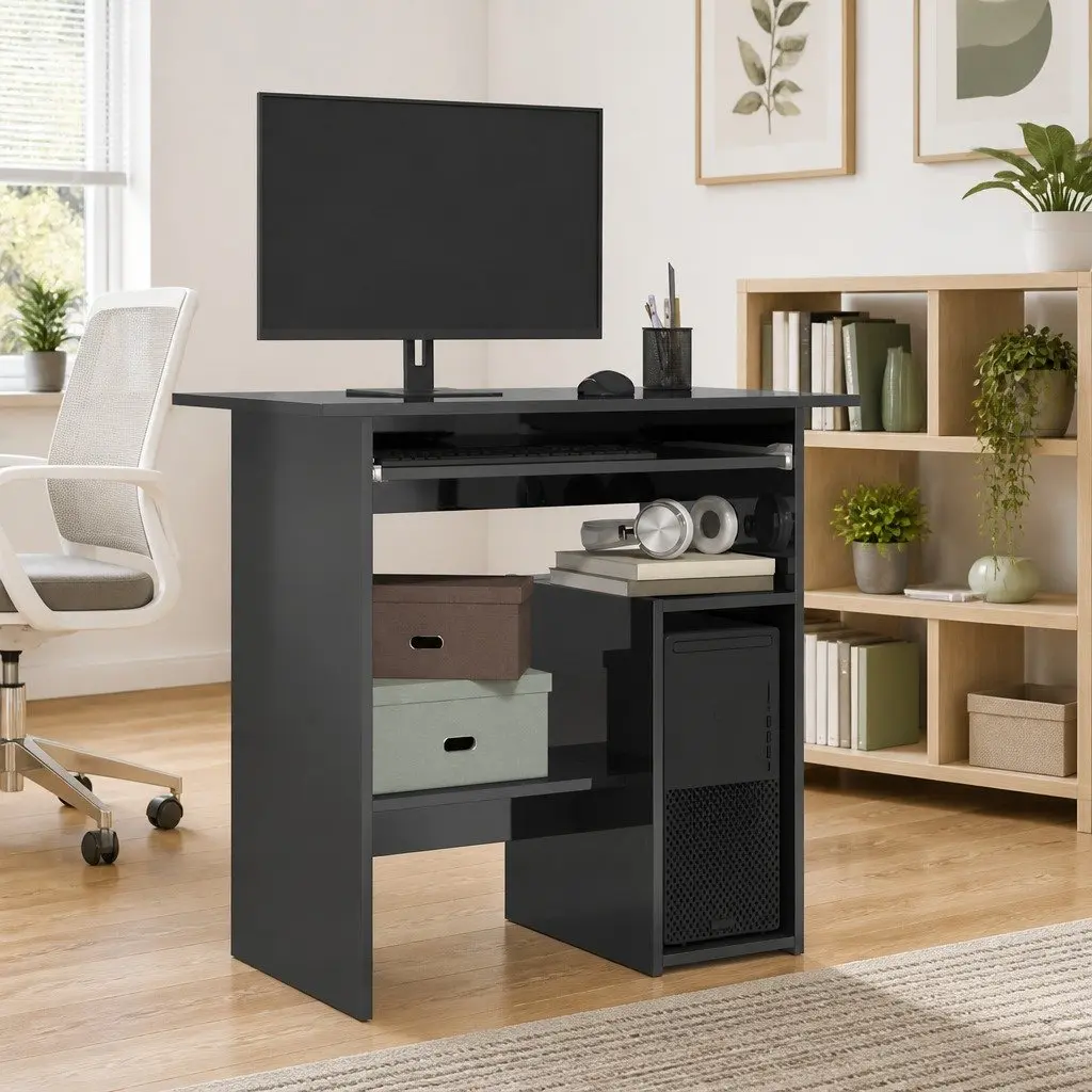 Office Desk Engineered Wood High Gloss Grey Computer Workstation with Keyboard Tray 80 x 45 x 74 cm