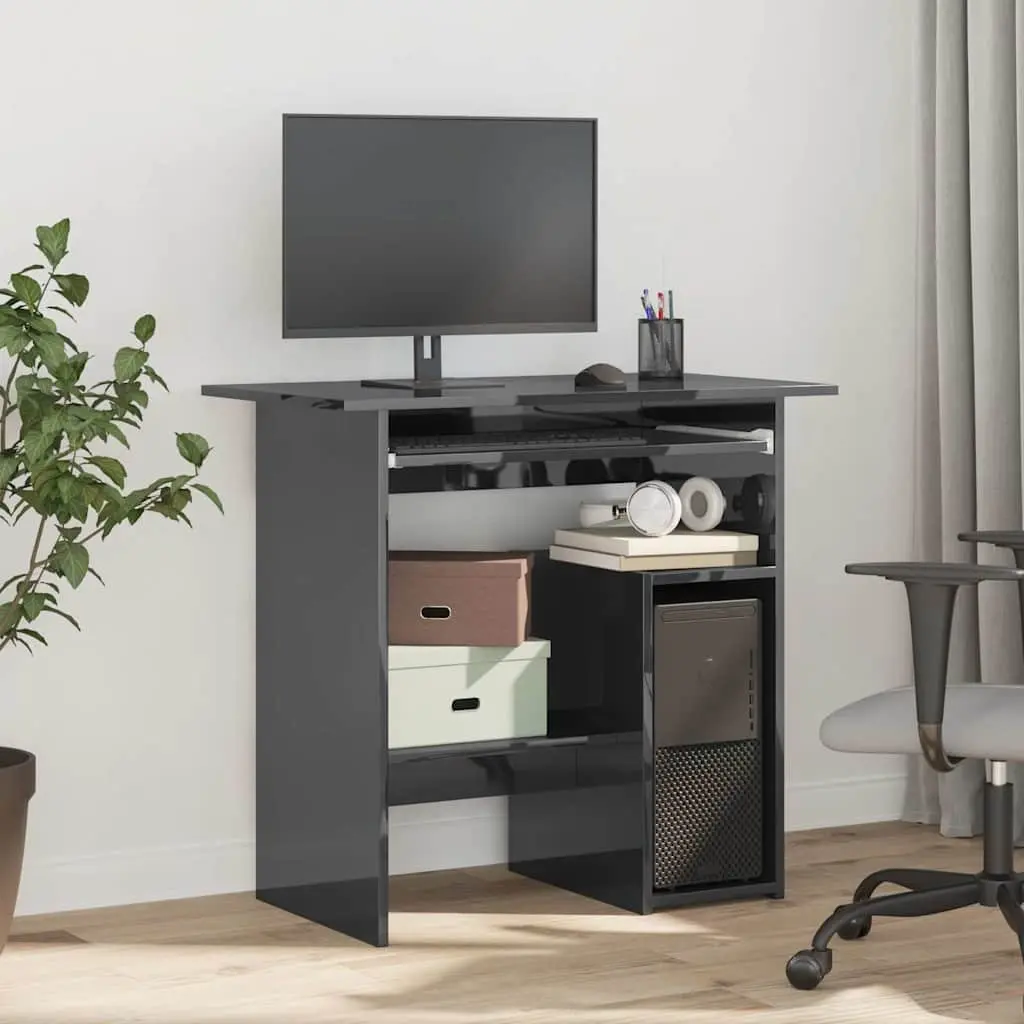 Office Desk Engineered Wood High Gloss Grey Computer Workstation with Keyboard Tray 80 x 45 x 74 cm