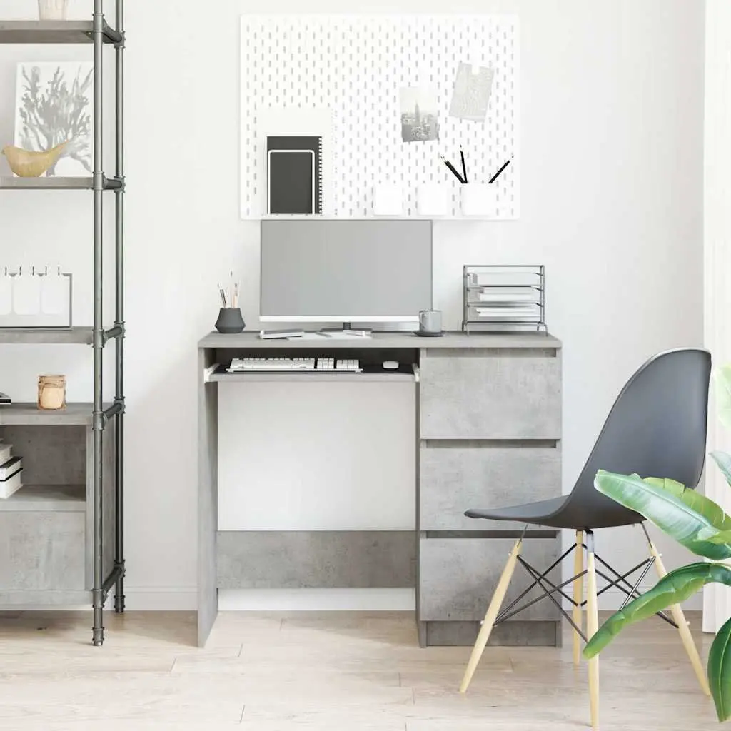 Office Desk Engineered Wood 90cm Concrete Grey Drawer Storage Compact