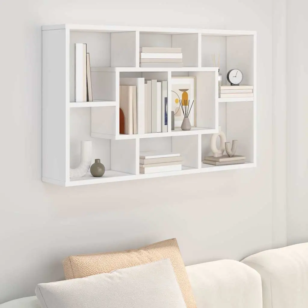 Wall Shelf Engineered Wood White Floating Eight Compartments