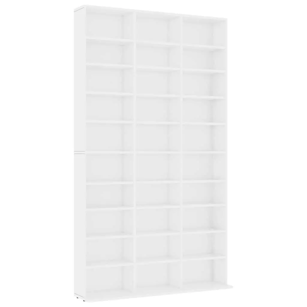 Media Storage Organizer Engineered Wood White 30 Compartments 102L x 23W x 177.5H cm for Living Room Bedroom Office