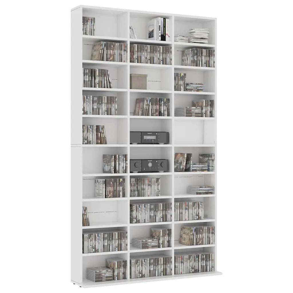 Media Storage Organizer Engineered Wood White 30 Compartments 102L x 23W x 177.5H cm for Living Room Bedroom Office