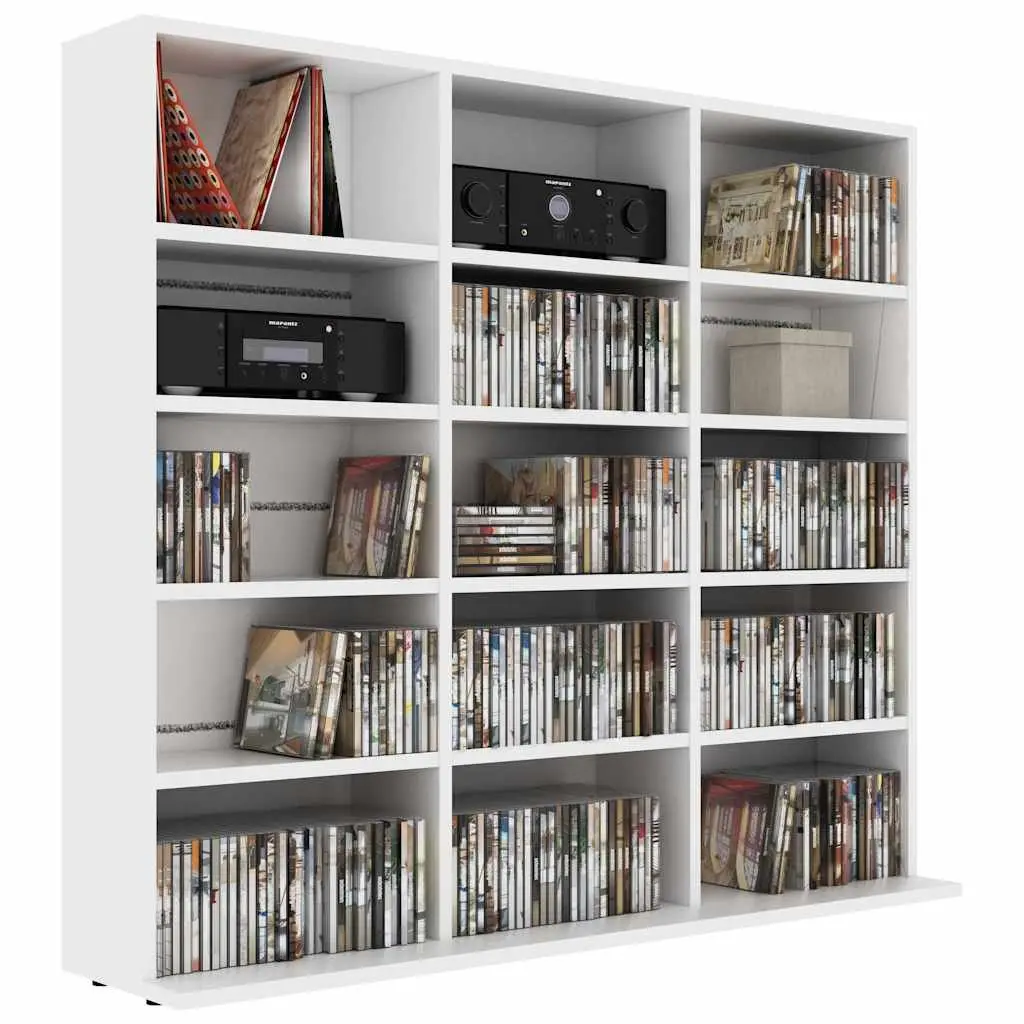 CD Storage Cabinet Engineered Wood White 100x23x89.5 cm 15 Open Compartments Multi-Purpose Organiser