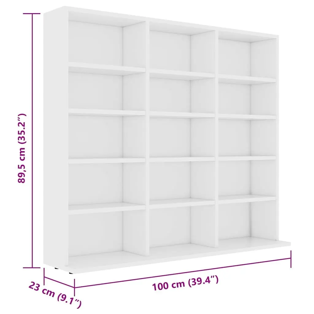 CD Storage Cabinet Engineered Wood White 100x23x89.5 cm 15 Open Compartments Multi-Purpose Organiser