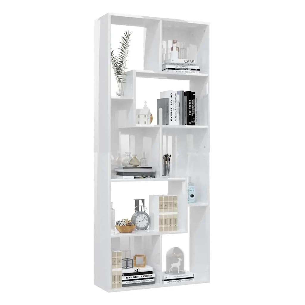 Storage Shelving Unit Engineered Wood High Gloss White 67cm x 24cm x 161cm Book Cabinet