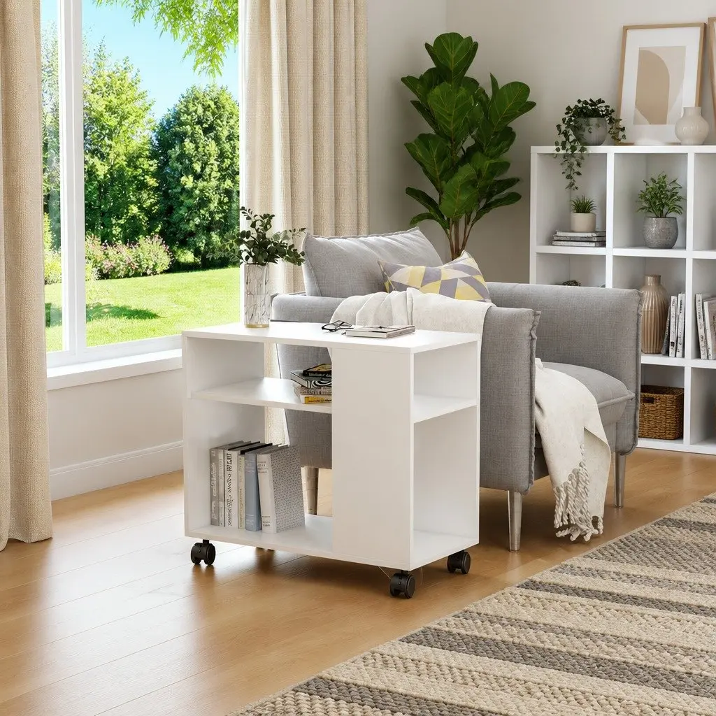 End Table Engineered Wood 70x35x55 cm White with Wheels
