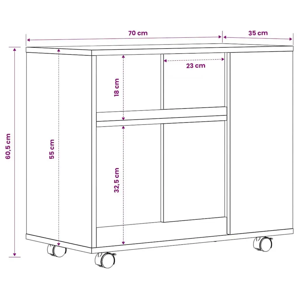 Accent Table Engineered Wood Brown 70cm Width 35cm Depth 55cm Height with Wheels for Living Room and Bedside Use