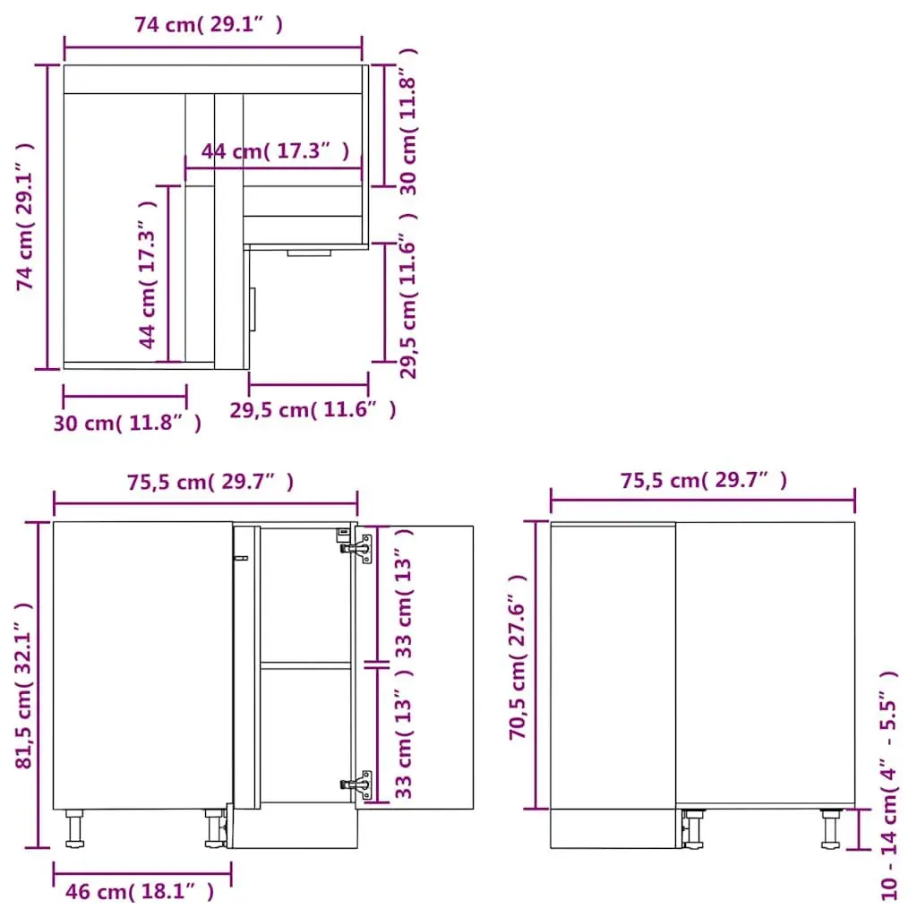 White Corner Bottom Cabinet Kitchen Storage Engineered Wood 75.5x75.5x81.5cm