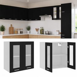Black Hanging Glass Kitchen Cabinet Storage Cupboard Shelves Doors Organised