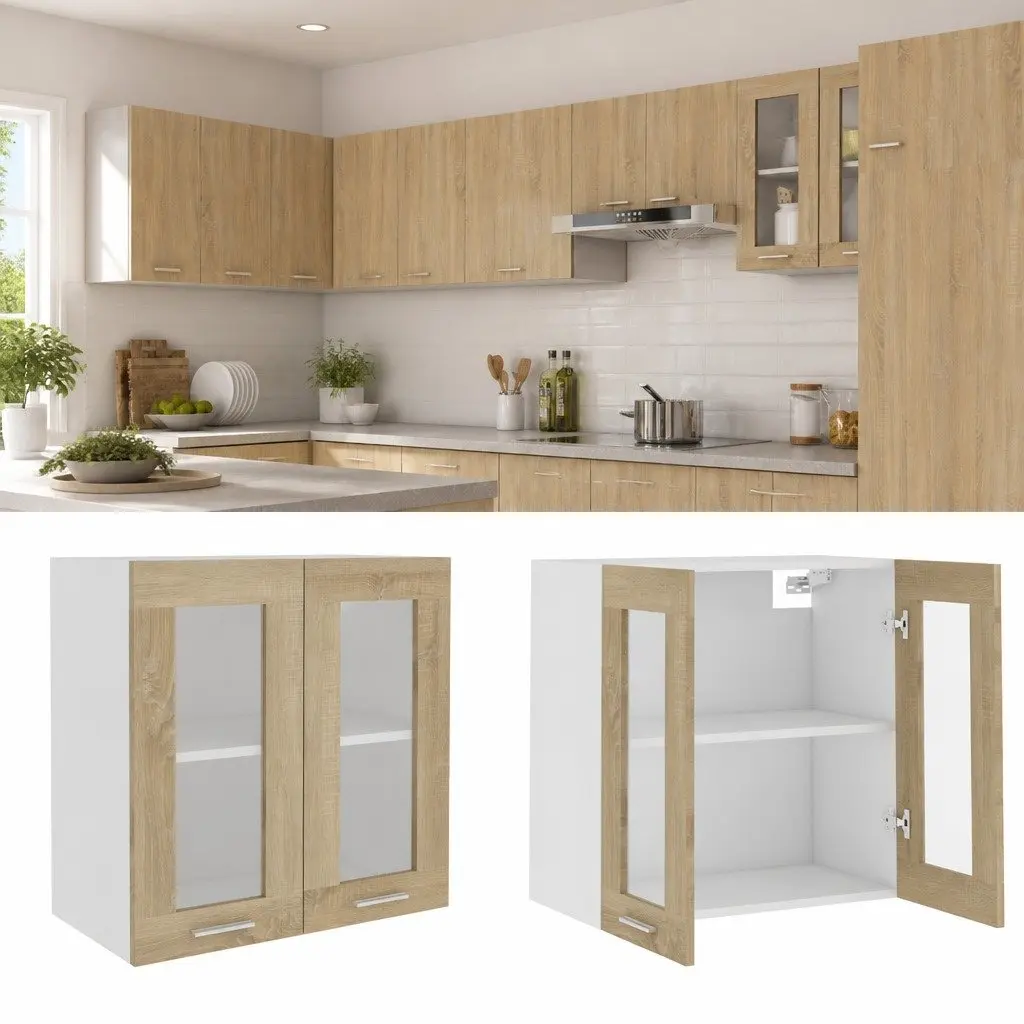 Hanging Glass Kitchen Cabinet Brown Storage Shelves Engineered Wood Furniture