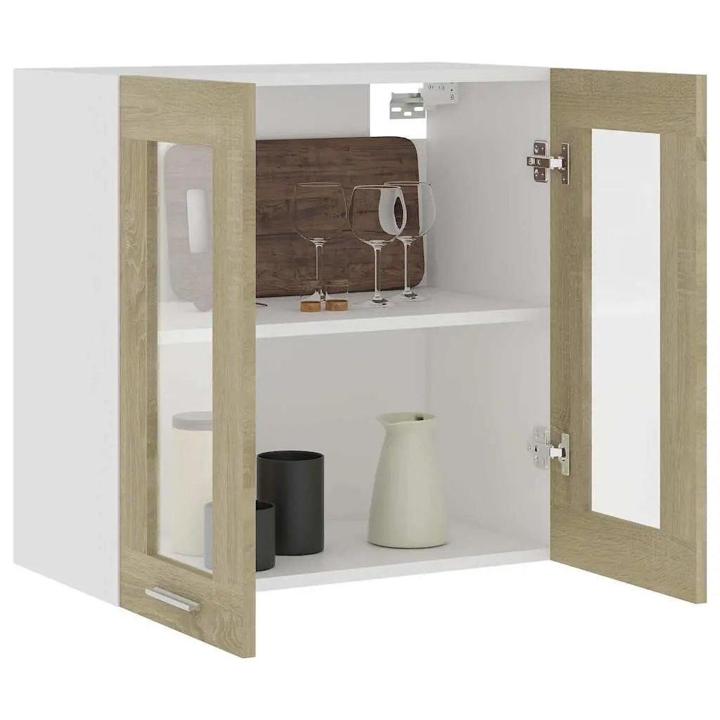 Hanging Glass Kitchen Cabinet Brown Storage Shelves Engineered Wood Furniture