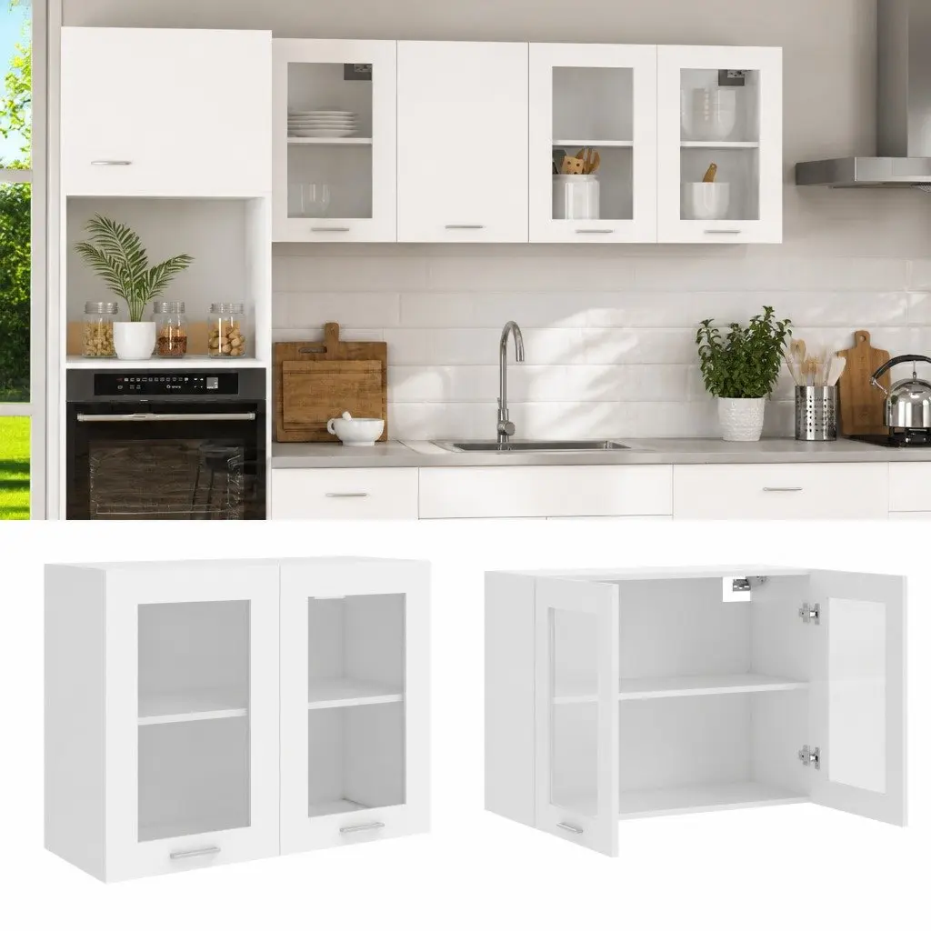 Hanging Glass Cabinet Engineered Wood 80x31x60cm White Kitchen Wall Storage Cupboard 2 Doors