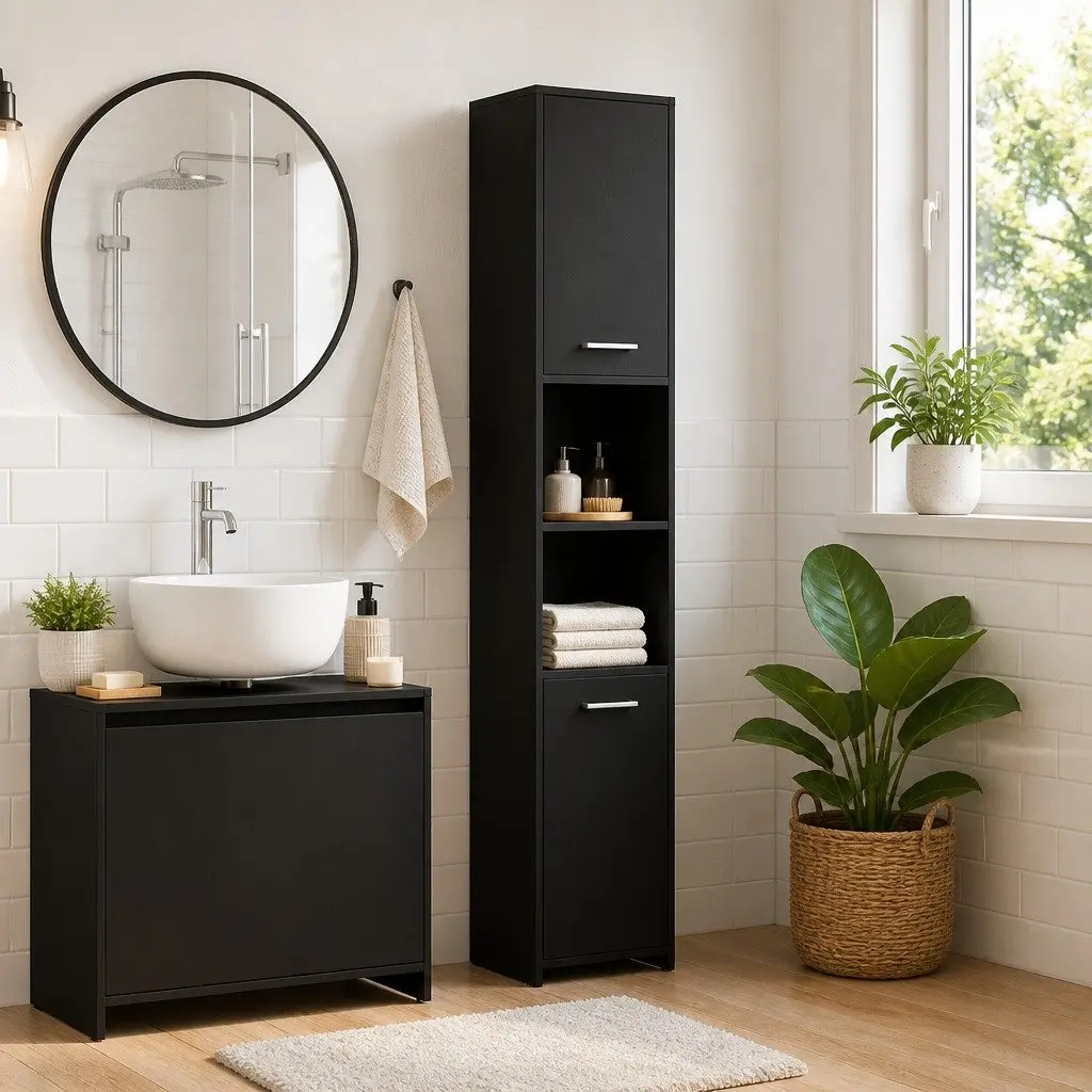 Bathroom Cabinet Black Engineered Wood 30x30x183.5cm Storage Unit with 6 Compartments and 2 Doors