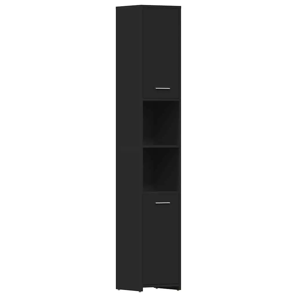Bathroom Cabinet Black Engineered Wood 30x30x183.5cm Storage Unit with 6 Compartments and 2 Doors