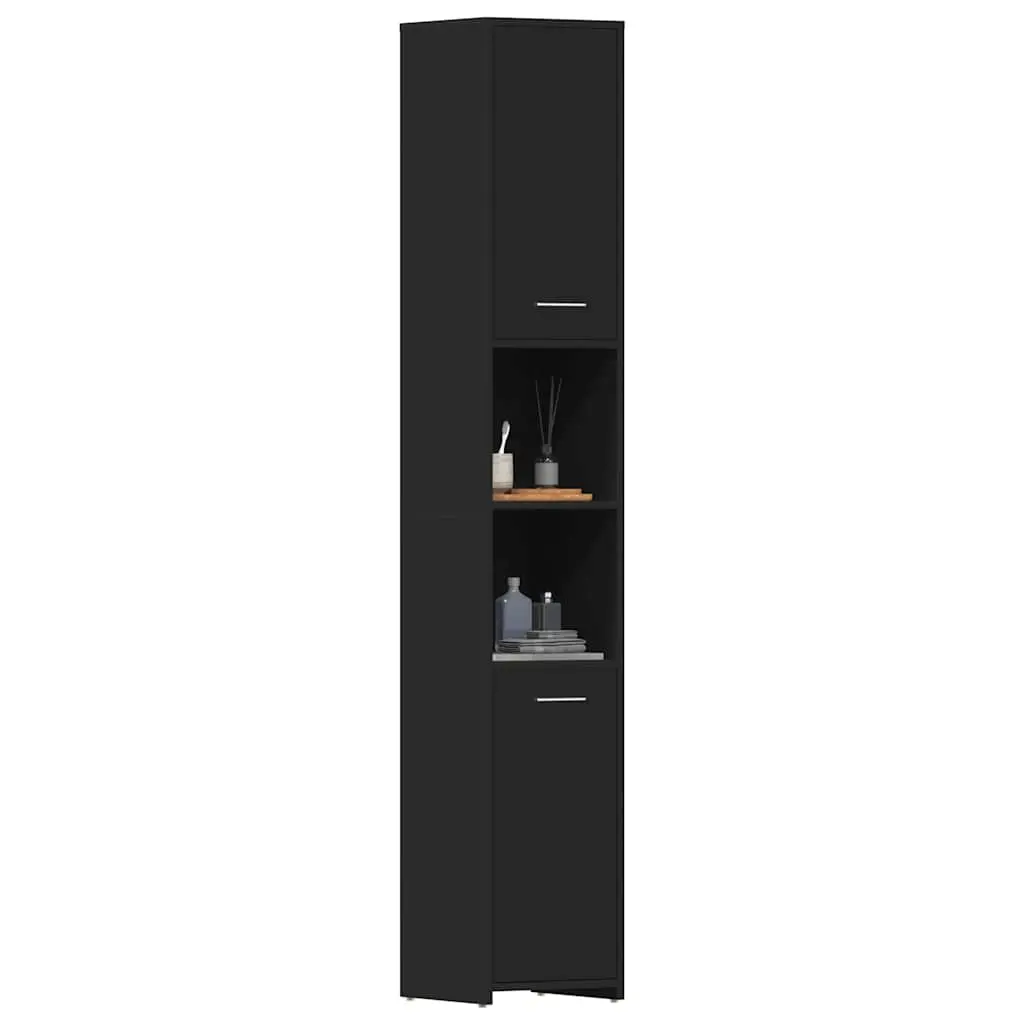 Bathroom Cabinet Black Engineered Wood 30x30x183.5cm Storage Unit with 6 Compartments and 2 Doors