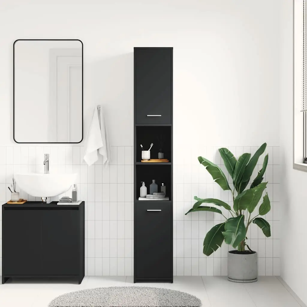 Bathroom Cabinet Black Engineered Wood 30x30x183.5cm Storage Unit with 6 Compartments and 2 Doors