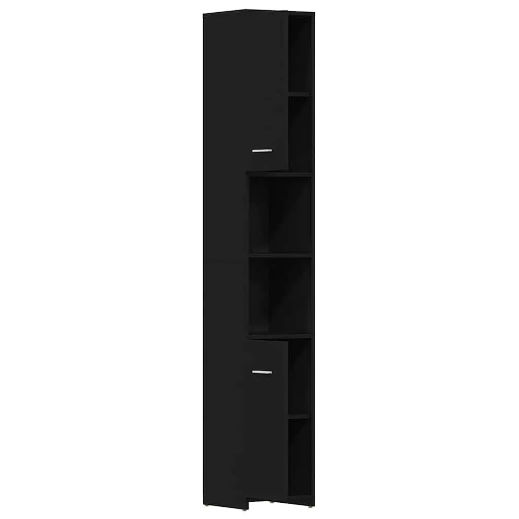 Bathroom Cabinet Black Engineered Wood 30x30x183.5cm Storage Unit with 6 Compartments and 2 Doors