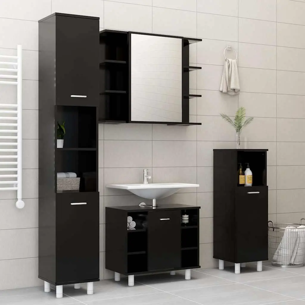Black Engineered Wood Bathroom Cabinet 30x30x95cm Storage Cupboard with Door