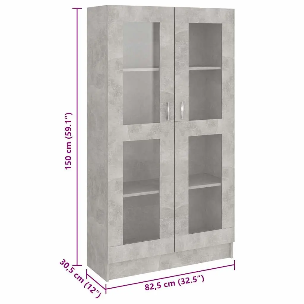 Vitrine Cabinet Engineered Wood Grey 82.5 x 30.5 x 150 cm 4 Compartments 2 Doors
