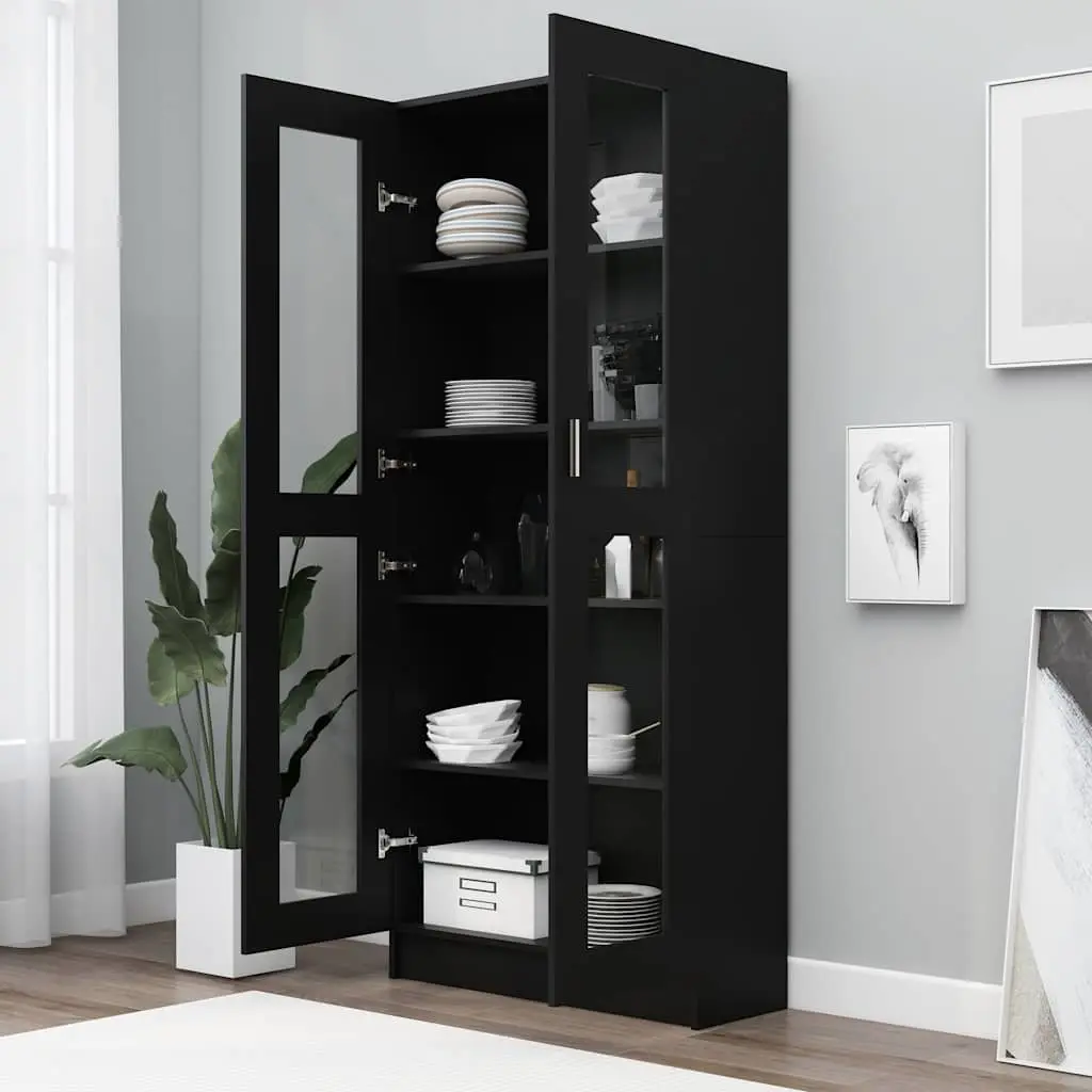 Display Cabinet Engineered Wood 82.5x30.5x185cm Black Vitrine 5 Compartments